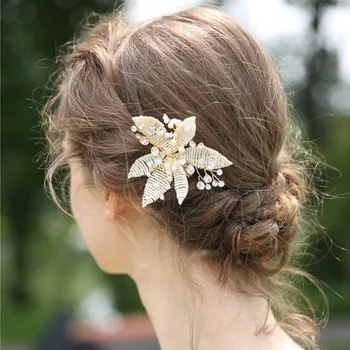 

NPASON 2020 2019 New Pearl Hair Clip Pin Rhinestone Hair Barrettes Gold Wedding Hair Accessories for Women