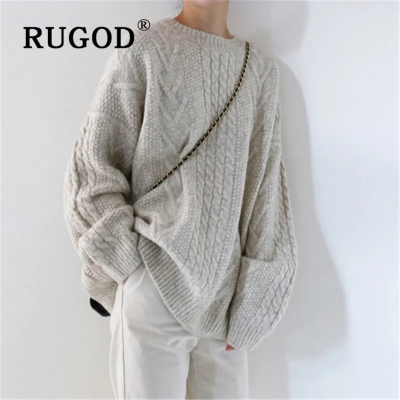 RUGOD, винтажный витой женский свитер, корейский, рукав летучая мышь, свободный, auturm, пуловеры для девушек, модные, одноцветные, Свитера большого размера