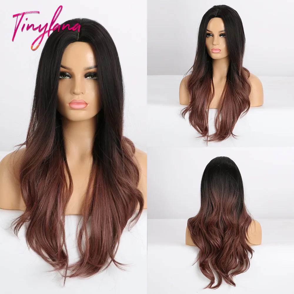 

TINY LANA Long omber Wine Red Brown Light Blonde wavy Synthetic wigs for Afro and America high tempreture fiber Natural Party