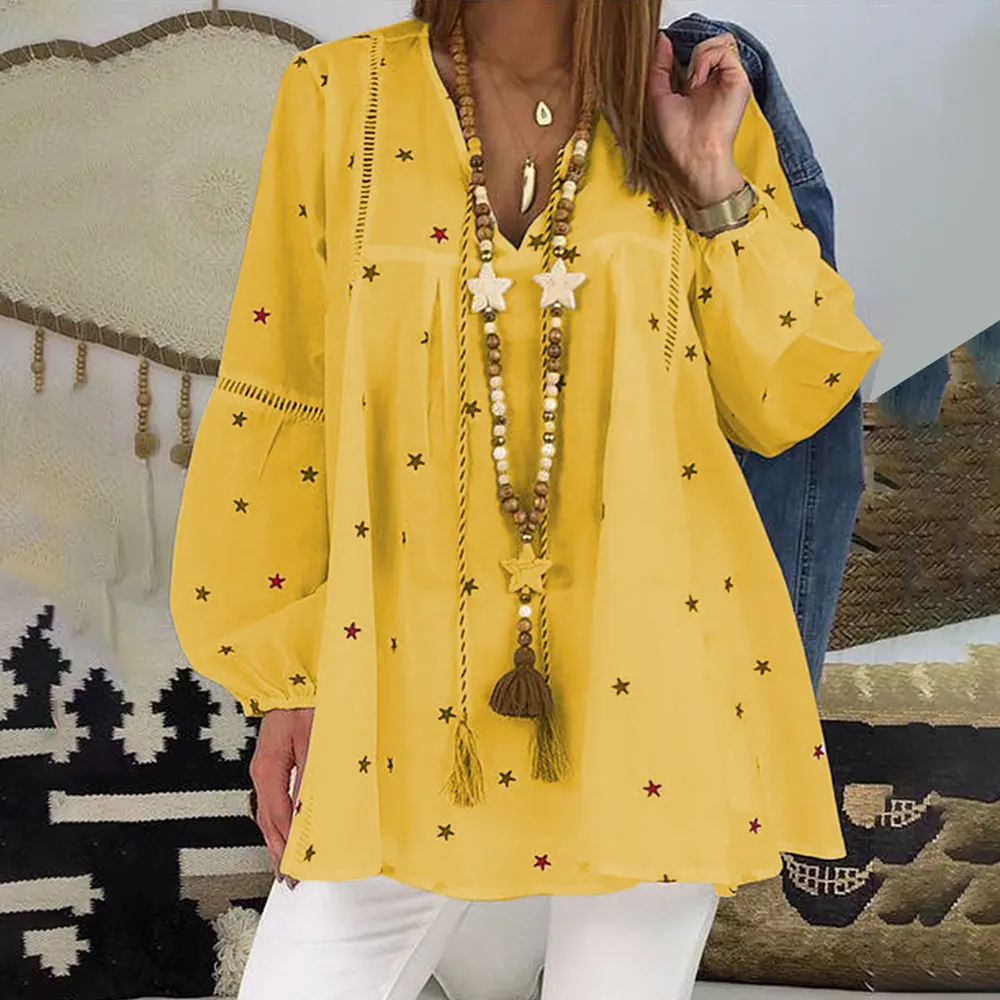 

2019 Star Print Blouse Women Tassels Oversize V-neck Womens Tops and Blouses Loose Casual Drawstring Shirt Ladies Roupa Feminina