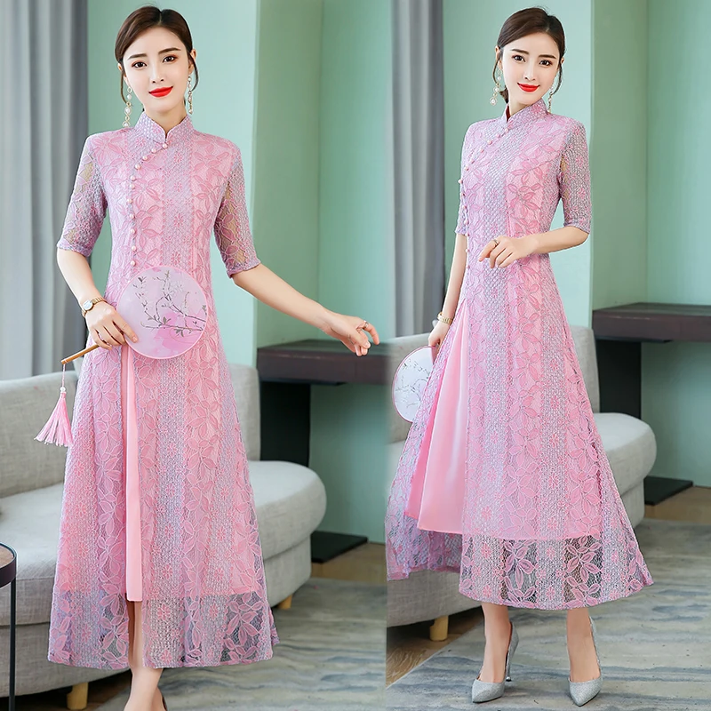 Винтажное повседневное Ретро cheongsam ao dai женское вьетнамское платье с вырезами, кружевное платье с воротником-стойкой, китайское платье в восточном стиле - Цвет: color1