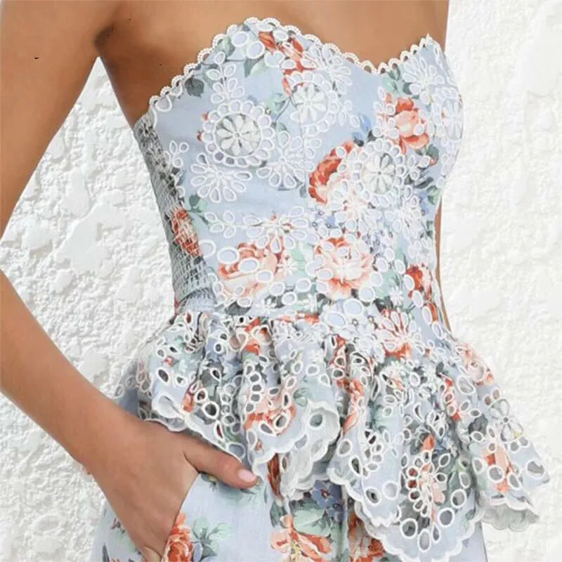 

Ruffles Hollow Out Embroidery Sexy Woman Tank Top Runway Designer Floral Print Pleated Backless Slim Woman Sexy Tops