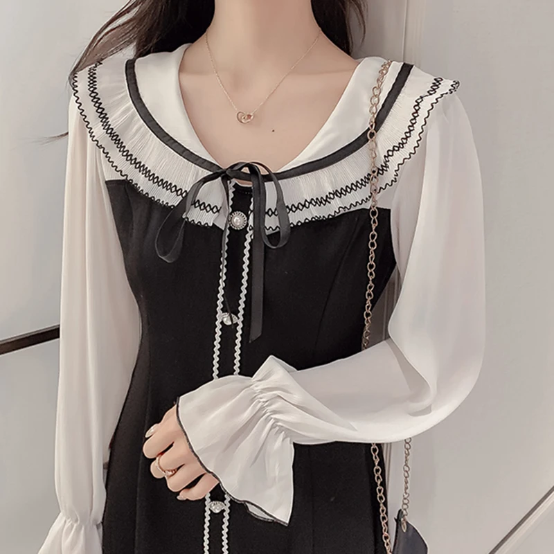 Kawaii, мини платье, женское, из кусков, на шнуровке, черного цвета, милые женские платья, линия, зима, осень, элегантное платье с длинным рукавом