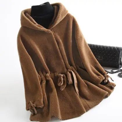 

Women Winter Real Fur Overcoat Sheep Shearing Lady Warm Natural Sheep Genuin Lamb Wool Fur Coat Hooded And Belt Coat AE924