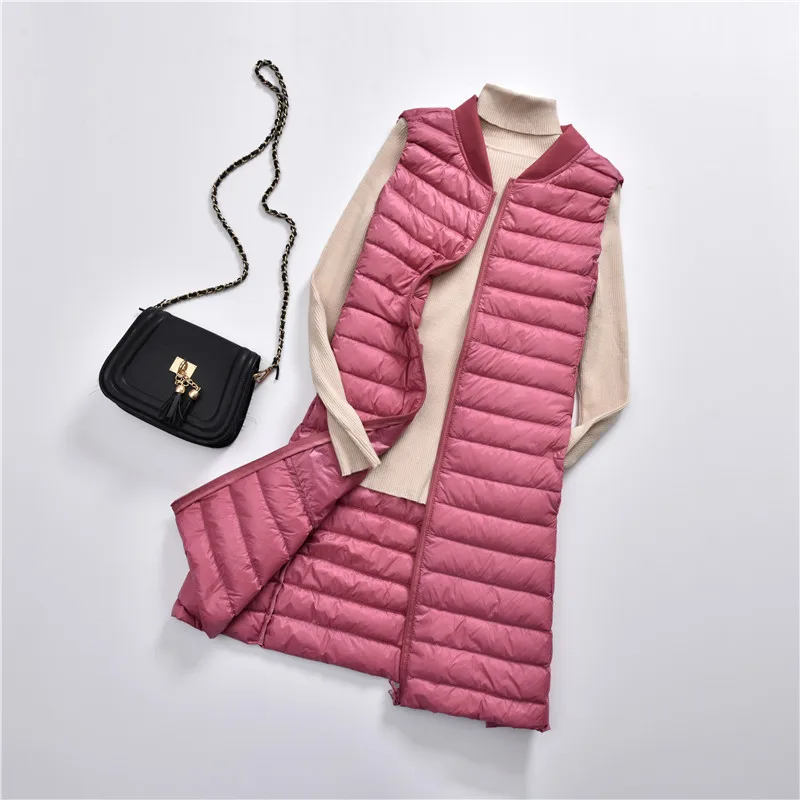 Women Duck Down Long Vest Ultra Light Portable Slim Waistcoat Female Stand Collar Sleeveless Down Jacket