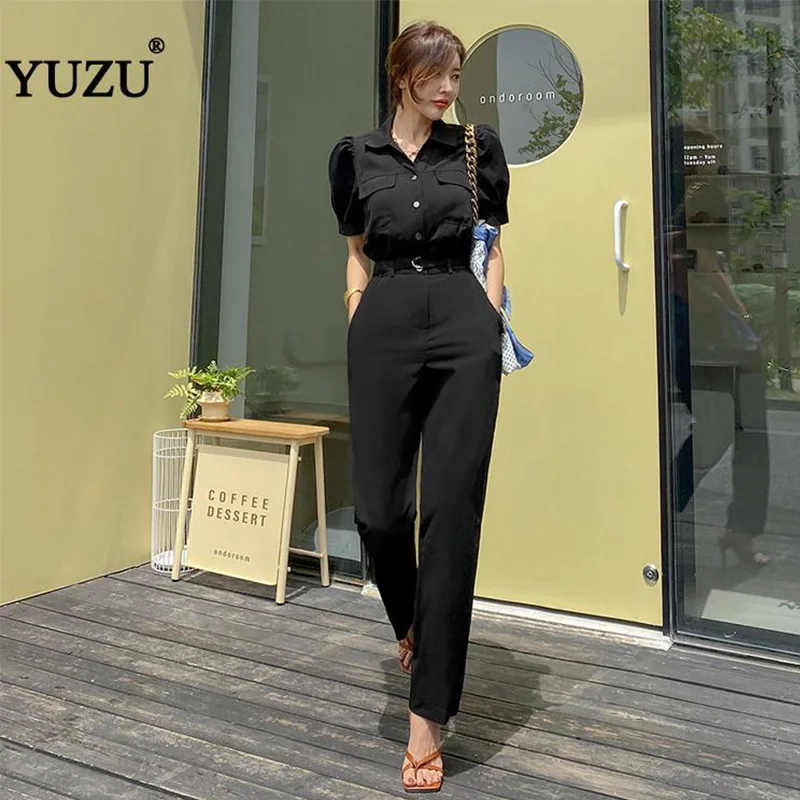 

Rompers Womens Jumpsuit With Belt One Piece Long Pants Office Work Black Short Puff Sleeve Single-breasted Summer Jumpsuit