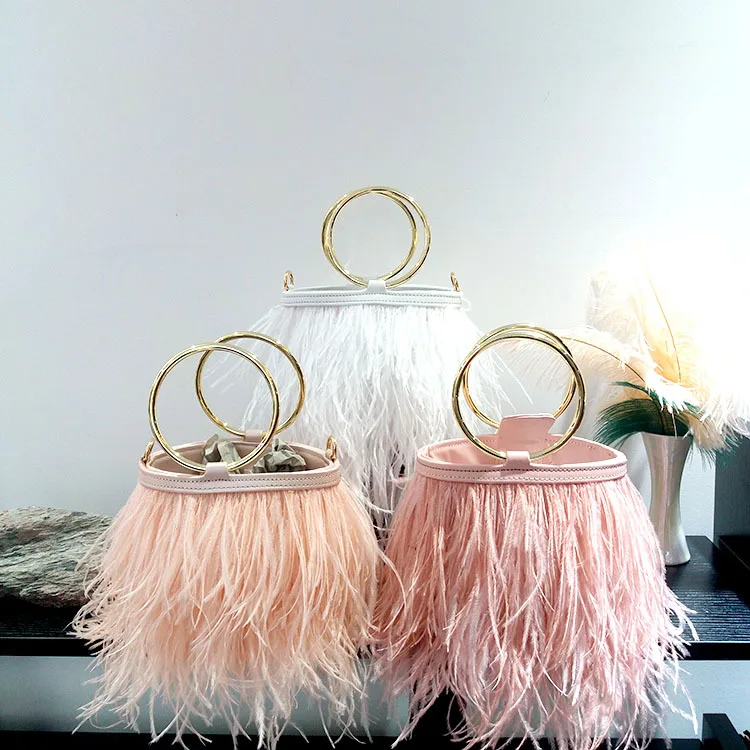 Luxury Real Ostrich Feathers Bucket Bag Handbag Evening Bags Women's Pink  Green Diamond Clutch Party Messenger Bag For Ladies - Shoulder Bags -  AliExpress