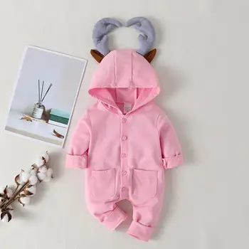 

Solid Chic Baby Boys Girls Rompers Comfort Soft Long Sleeve Personality Single Breasted Hooded Korean Lovely Jumpsuits