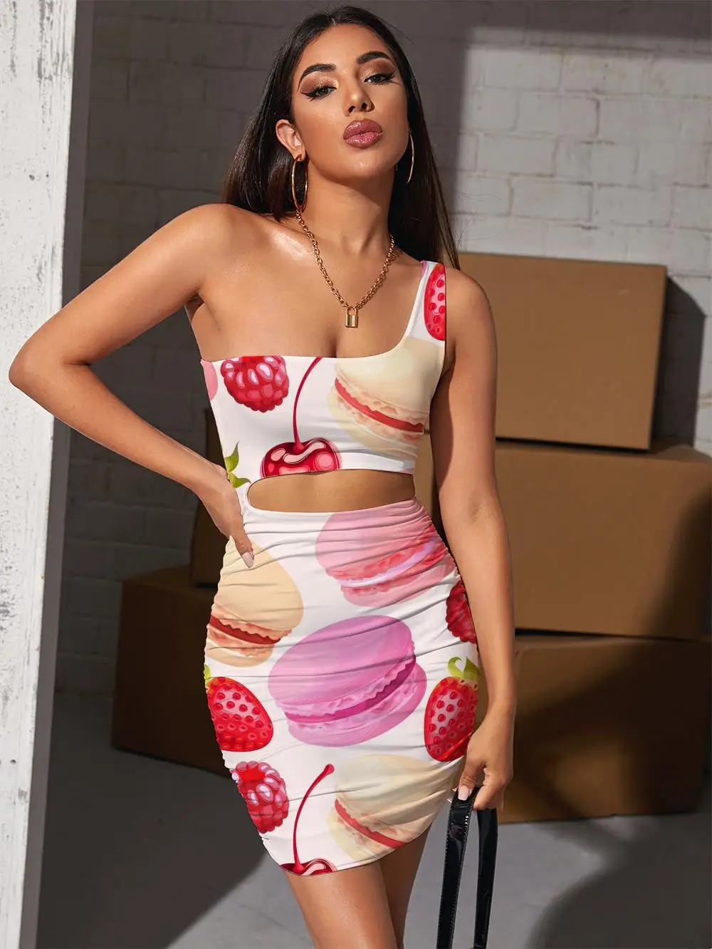 

KYKU Brand Food Dresses Women Fruit Bodycon Dress Donuts Halter Sleeveless Lovely Pleating Womens Clothing Party Beach