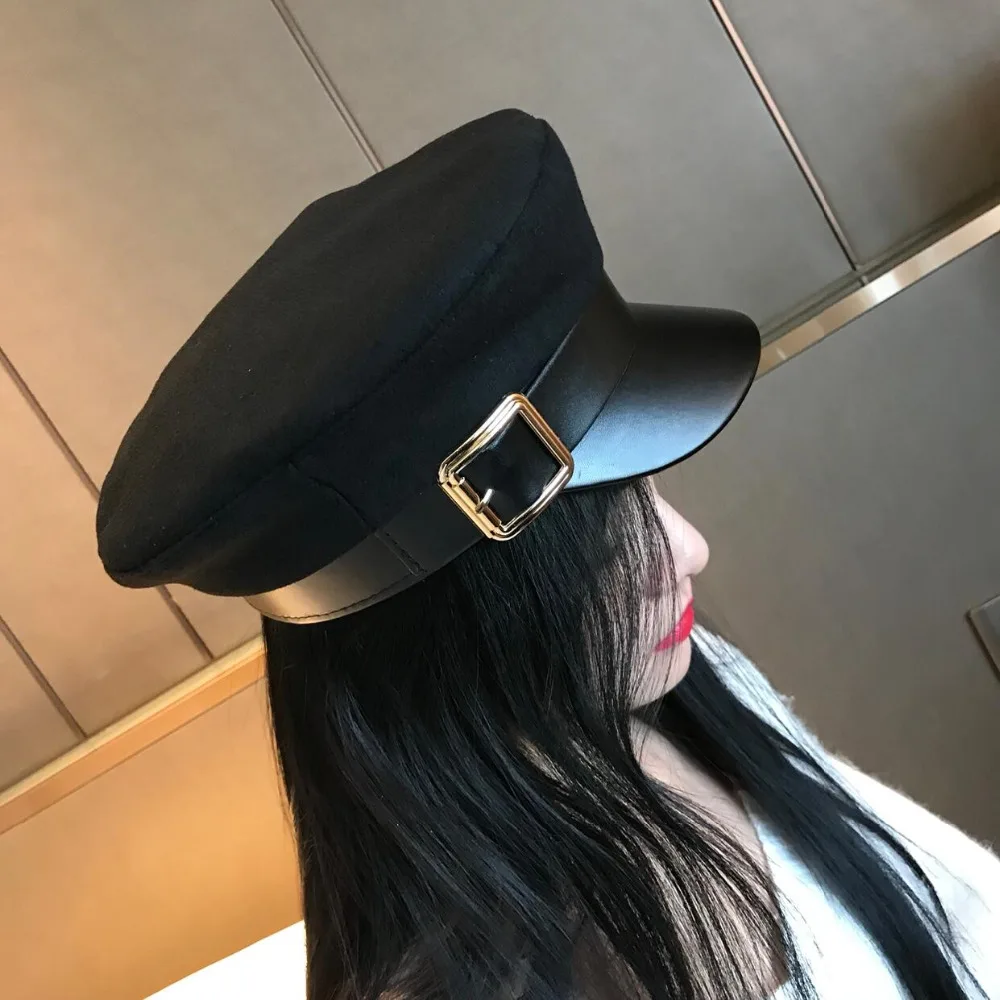

Women Black Military Hats Autumn Winter Fashion Wool Pu Leather Patchwork Newsboy Caps With Belt Female Gorras