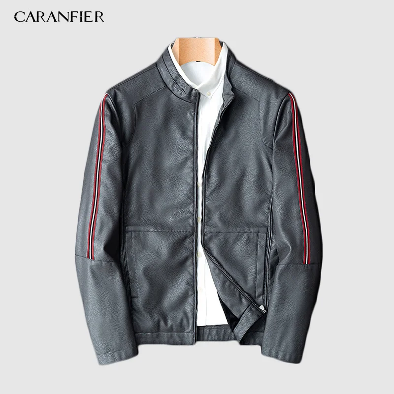 CARANFIER бренд осенне-зимняя повседневная куртка из искусственной кожи на молнии мотоциклетная кожаная куртка мужская приталенная Мужская куртка и пальто - Цвет: Серый