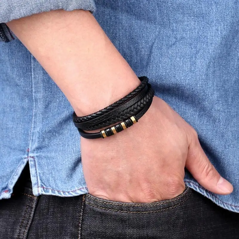 Leather Bracelet Classic Fashion Charm Multilayer Black Braided Leather Bracelet Suitable for Men's Wrist Party Jewelry