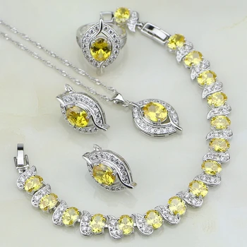 

925 Sterling Silver Jewelry Yellow Cubic Zirconia White CZ Bridal Jewelry Sets For Women Earring/Pendant/Necklace/Bracelet/Ring