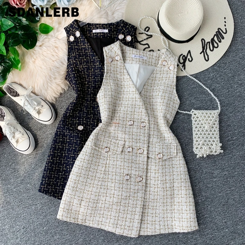 

2019 Autumn Winter Temperament Tweed Dress for Women Small Fragrant Wind V Collar Double Row Buckle Slim Sleeveless Dress Women