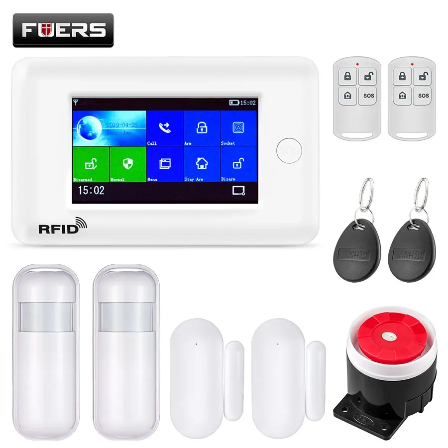 FUERS wifi GSM GPRS умная домашняя система охранной сигнализации 4,3 дюймов цветной экран приложение RFID Контроль Детектор дыма PIR детектор движения - Цвет: KIT7