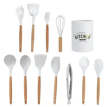 

Kitchen Cookware Parts 12PCS Silicone Kitchen Utensil Non Stick Wooden Handle Cooking Baking Tool with Storage Box
