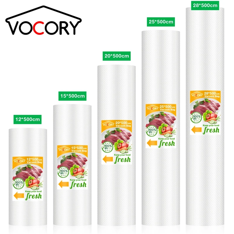 VOCORY-bolsas de vacío para sellador de alimentos al vacío, Sous Vide rollo para envasado al vacío, bolsas para vacío de 12 + 15 + 20 + 25 + 28*500cm para embalaje de cocina