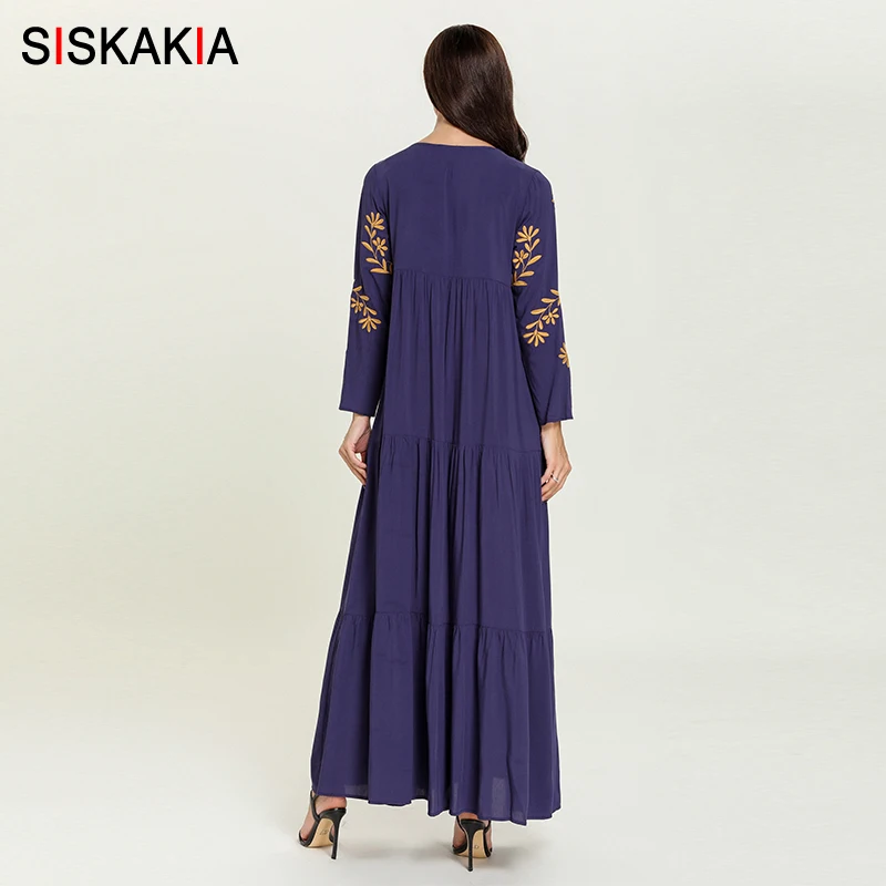 Siskakia, платья с длинным рукавом, осень, новинка, растительность, вышивка, макси платье, элегантное, размера плюс, аравийская мусульманская одежда, темно-синий