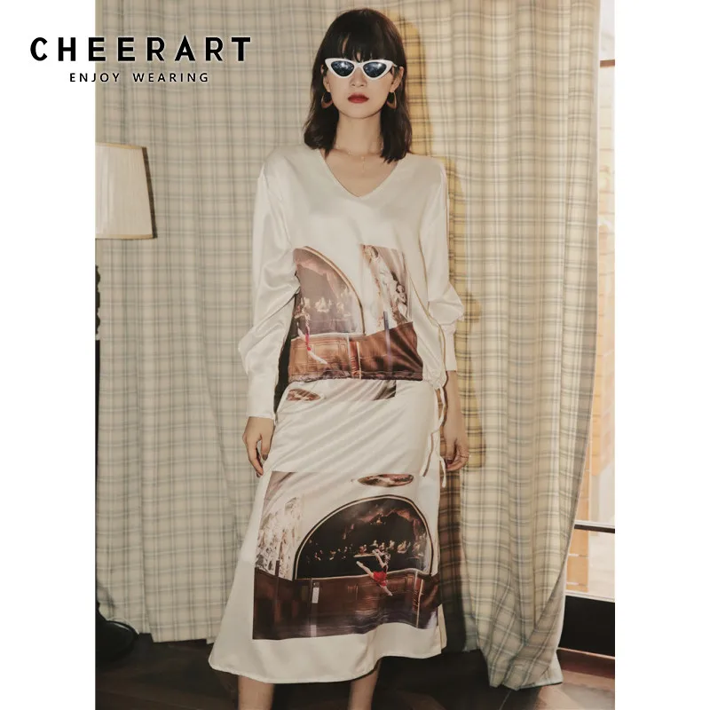 Винтажная сатиновая юбка CHEERART с масляной росписью Женская длинная миди разрезом