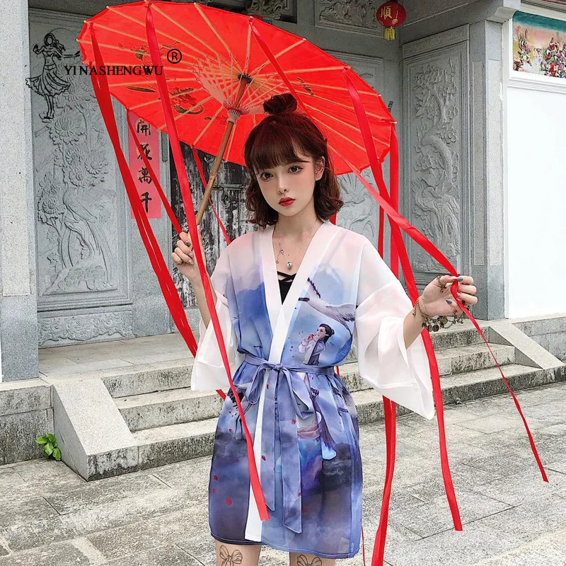 Kimono Japan Women Harajuku Japanese Shirts Embroided Fox Blouses Loose Casual Tops Blouses Kimono Cosplay Kimono With Belt