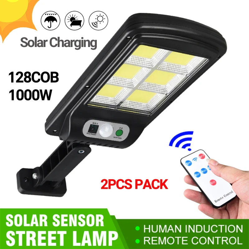 

2PCS 128COB Solar LED Street Light Waterproof PIR Motion Sensor Smart Remote Control 1000W Outdoor Garden Security Wall Lamp