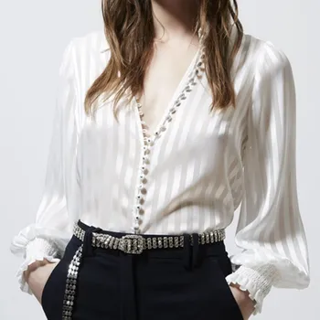 

2020 Spring Summer Women's Ruffle Cuffs Stripe Crepe Shirt Black and White