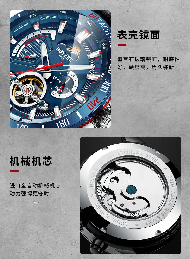 Новые модные мужские автоматические механические Спортивные часы Tourbillon Moon Phase из нержавеющей стали мужские часы s relogio masculino BOYZHE