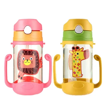 

400ml Baby Feeding Drinking Bottle Plastic Straw Cup Children's Cartoon Kettle Double Handle Strap Water Cup