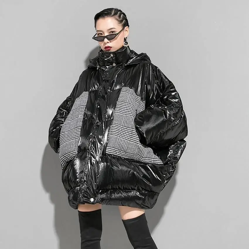 

Women Long Plaid Parkas Elegant Thick Patchwork Pocket Loose Small Fresh Minority Parkas