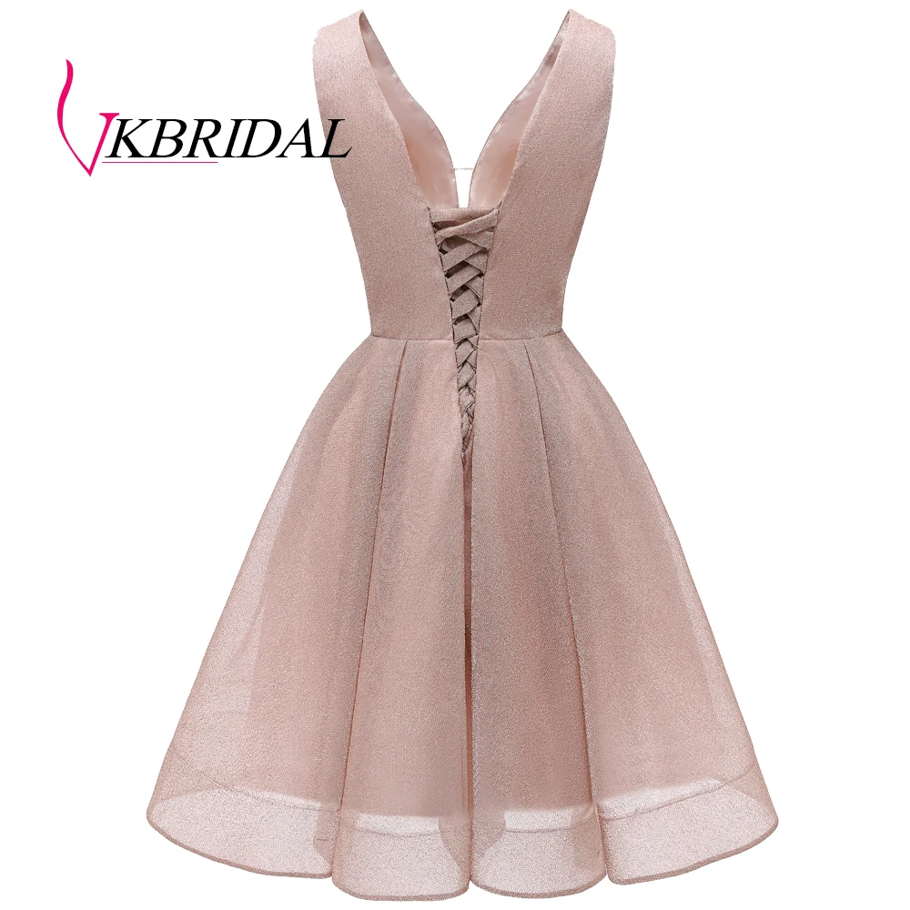 VKBRIDAL сексуальное короткое платье с глубоким v-образным вырезом для выпускного вечера Новое бежевое платье трапециевидной формы розовое платье для выпускного вечера со шнуровкой сзади