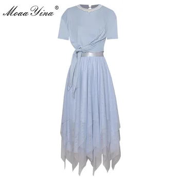 

MoaaYina Fashion Designer Set Summer Women Beaded Short sleeve Lace up elastic force Tops+Mesh Skirt Two-piece suit