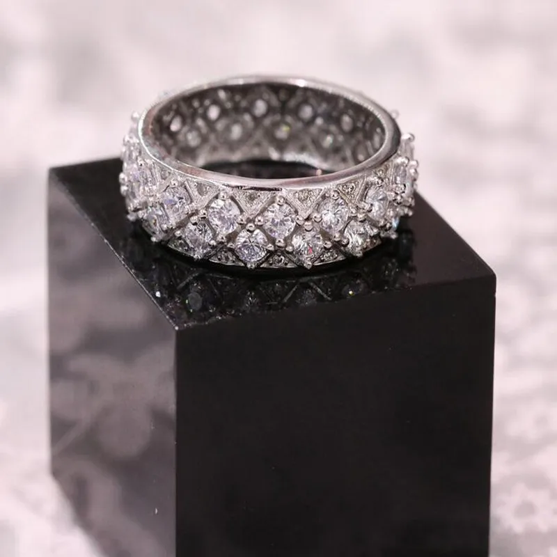 Rulalei Handemade Luxury Jewelry 925 Sterling Silver Full White Clear AAAAA Cubic Zirconia Eternity Party Women Wedding Ring Set