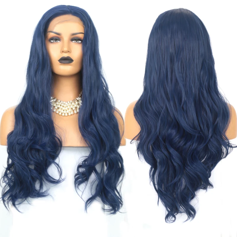 Charisma Жаростойкие волосы парик фронта шнурка натуральный волос синий парик длинные волнистые синтетические парики для черный/белый