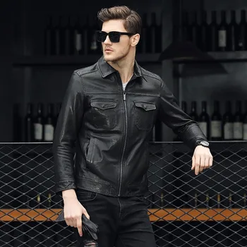 

Sheepskin Vintage Motorcycle Jackets Men Genuine Leather Fashion Zipper Black Slim Real Leather Coats Plus Size 4XL Male Jacket