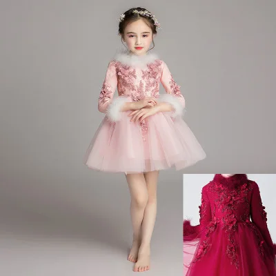 Red plus velvet Коллекция года, новое осенне-зимнее вечернее платье для подиума платье принцессы с длинными рукавами розовый детский Свадебный костюм с цветами для девочек, фортепиано костюм l - Цвет: Red plus velvet