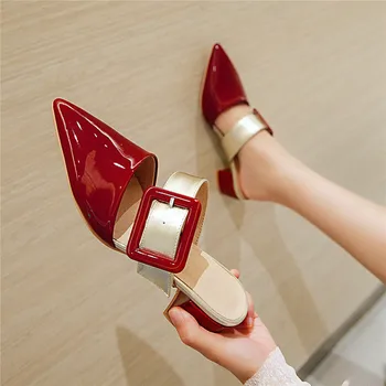 

Summer 2019 Fashion Buckle Strap Chunky Heels Mules Party Shoes Woman Red Black Snakeskin Pointed Toe Slippers Pumps