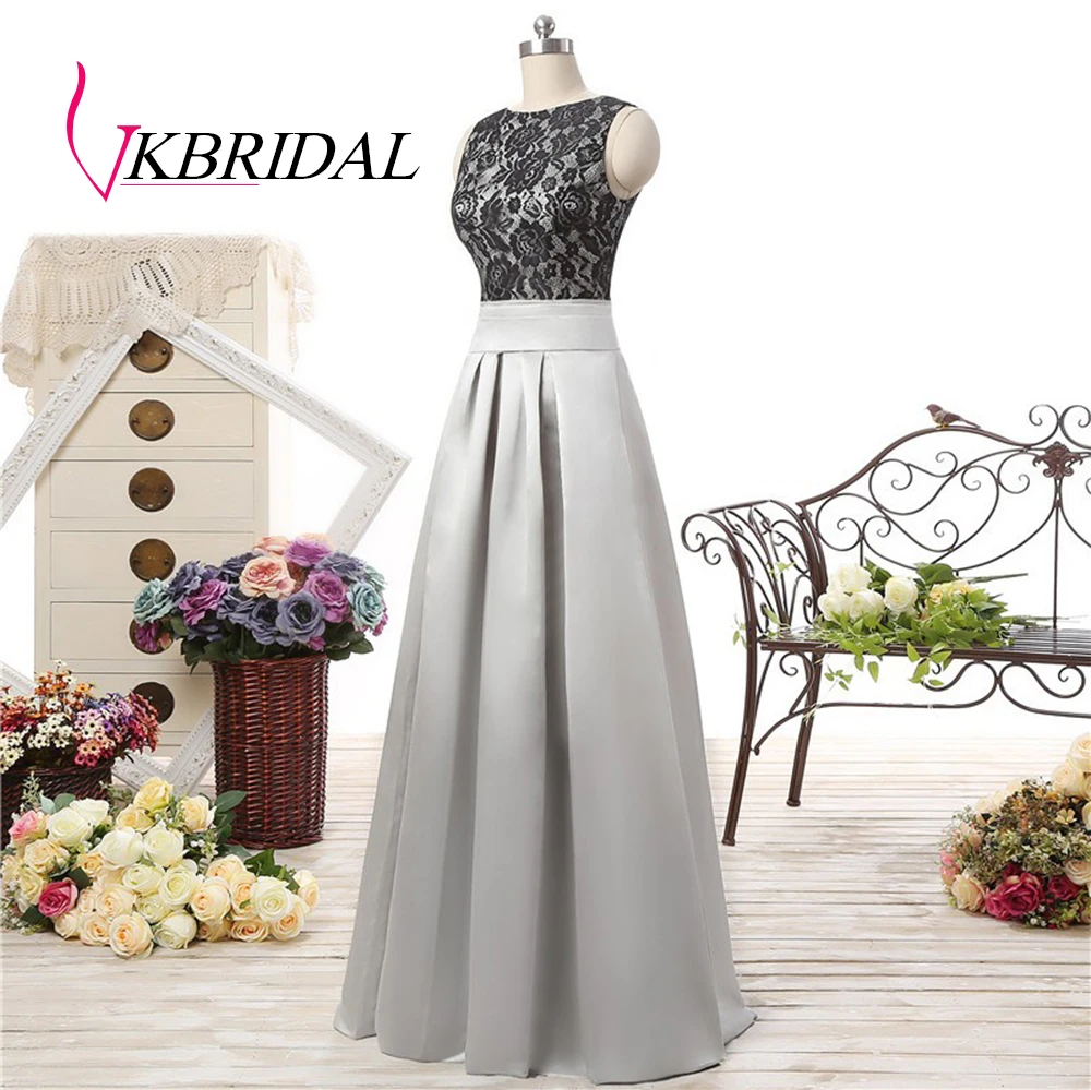 VKBRIDAL серебряные атласные платья свидетельницы Черный Кружевной корсаж с открытой спиной Длинные свадебные вечерние платья для гостей