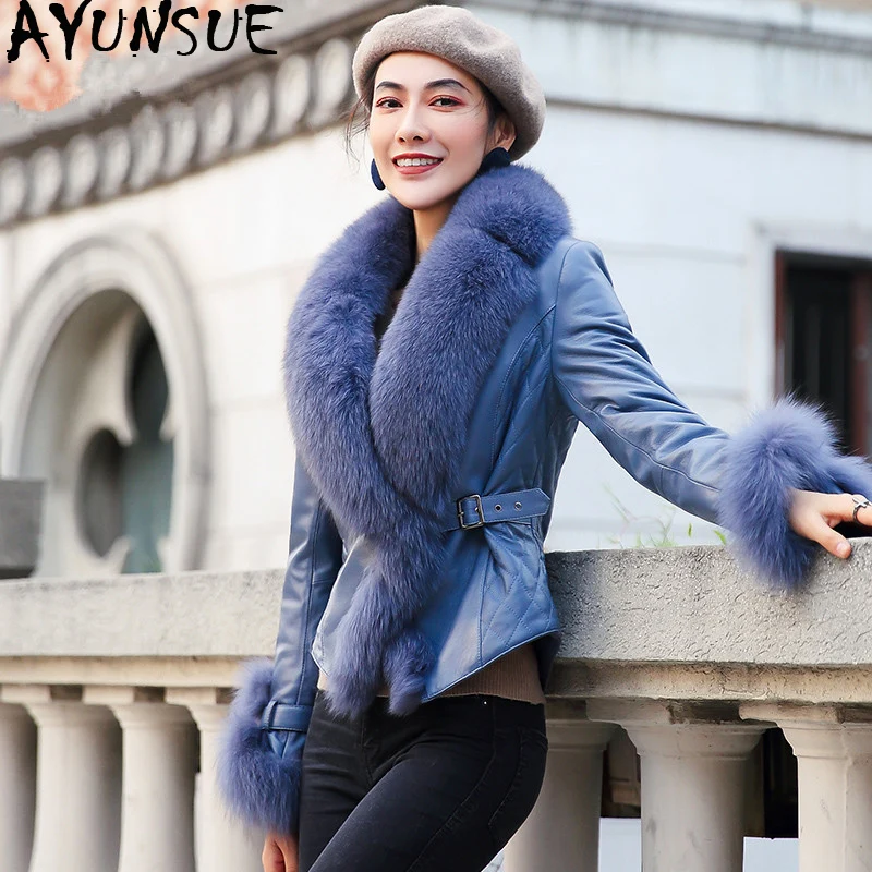 blue AYUNSUE/пальто из натуральной овчины; зимняя куртка для женщин; пуховые куртки с воротником из лисьего меха для женщин; куртка из натуральной кожи; Chaqueta Mujer MY - Цвет: blue