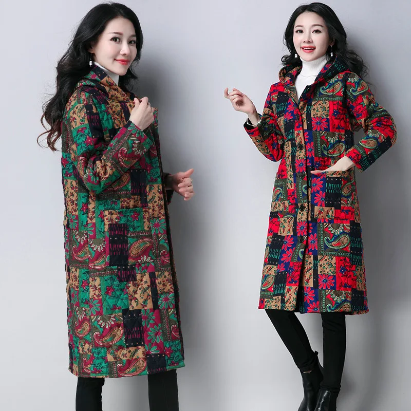 

8888 Winter New Products Cotton Linen Ethnic-Style Mid-length Large Size Hooded Long-sleeved Cardigan Cotton-padded Clothes WOME