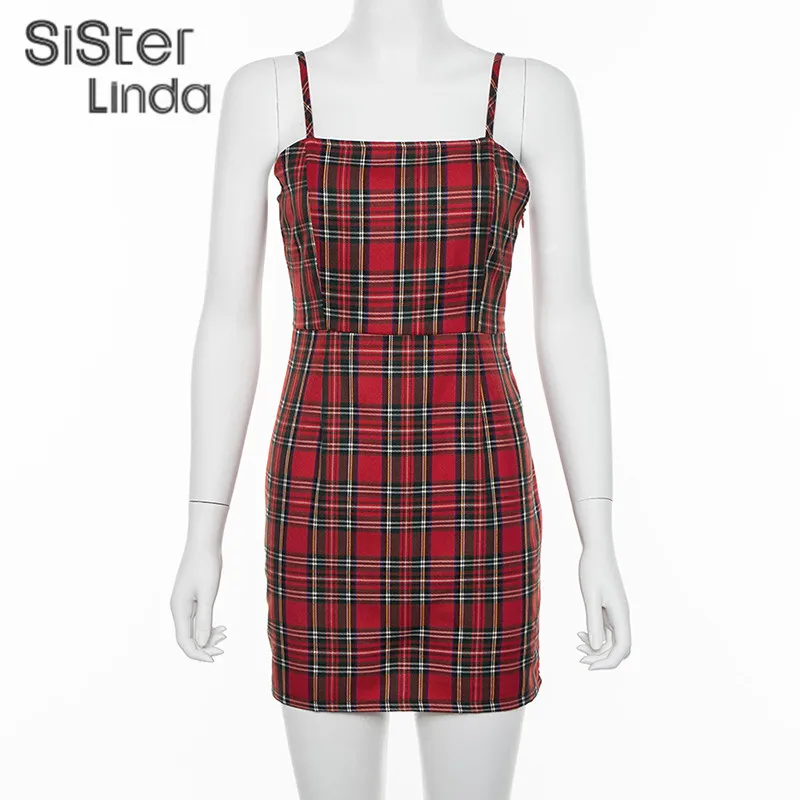 Sisterlinda Retro Red Plaid Mini Dress Women Wild Casual Party Dress Fashion Basic Ladies Short Sling Mini Dress Mujer 2020 New