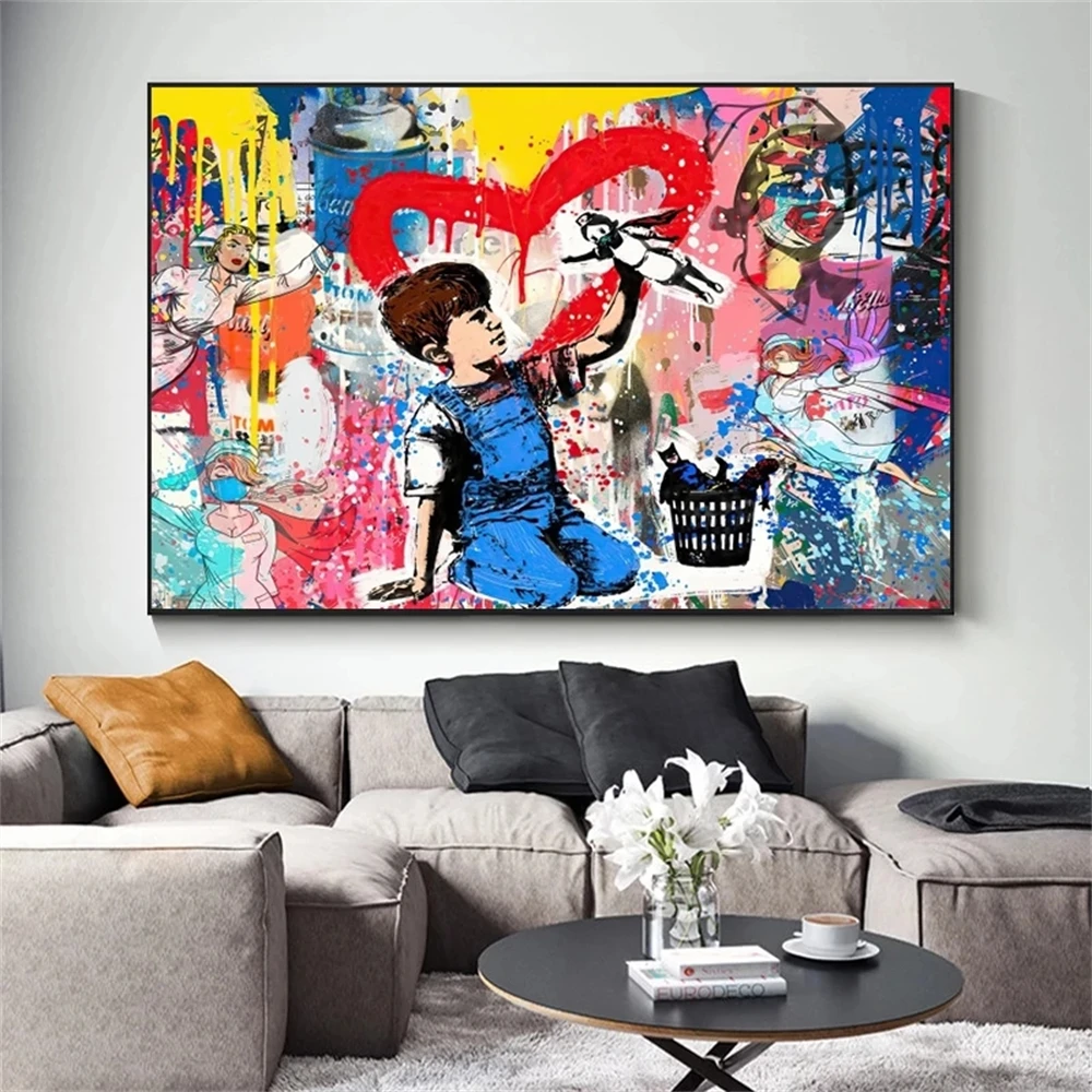 Painting Children Peace and Love Banks Canvas Art Color Poster Printing Wall Art Picture Living Room Wall Decoration