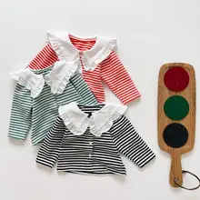 Топы в полоску с длинными рукавами для новорожденных мальчиков; Рубашки с кружевным воротником; Хлопковая блузка в полоску для маленьких девочек; Весенне-осенняя футболка для девочек Топы в полоску с длинными рукавами для новорожденных мальчиков; Рубашки с кружевным воротником; Хлопковая блузка в полоску для маленьких девочек; Весенне-осенняя футболка для девочек