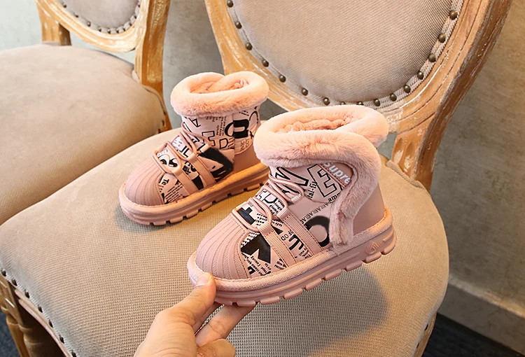Розовый winter new children's casual shoes soft bottom plus velvet warm and comfortable 1-8 years old snow boots genuine leather - Цвет: Розовый
