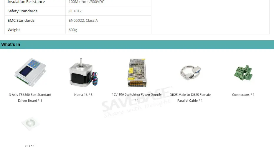 SAVEBASE CNC 3 оси комплект с TB6560 коробка Стандартный драйвер платы Nema16 40oz-in шаговый двигатель 12 В 10A импульсный источник питания для DIY