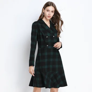 

2019 Autumn ladies plus size plaid dress lapel collar double breasted metal button Fish tail cute Invisible zipper party dress5X