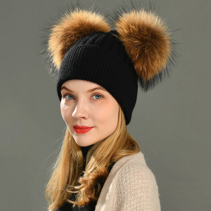 Removable Fur Ball Knitted Beanie Cap 