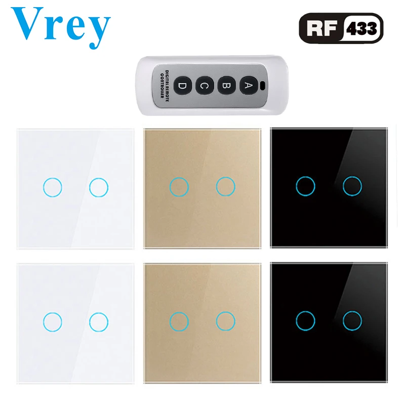 

Vrey EU Standard Touch Switch 2 Gang1Way Lightes Switches Intelligent Remote Control Wall Switches Screen Tempered Glass Panel