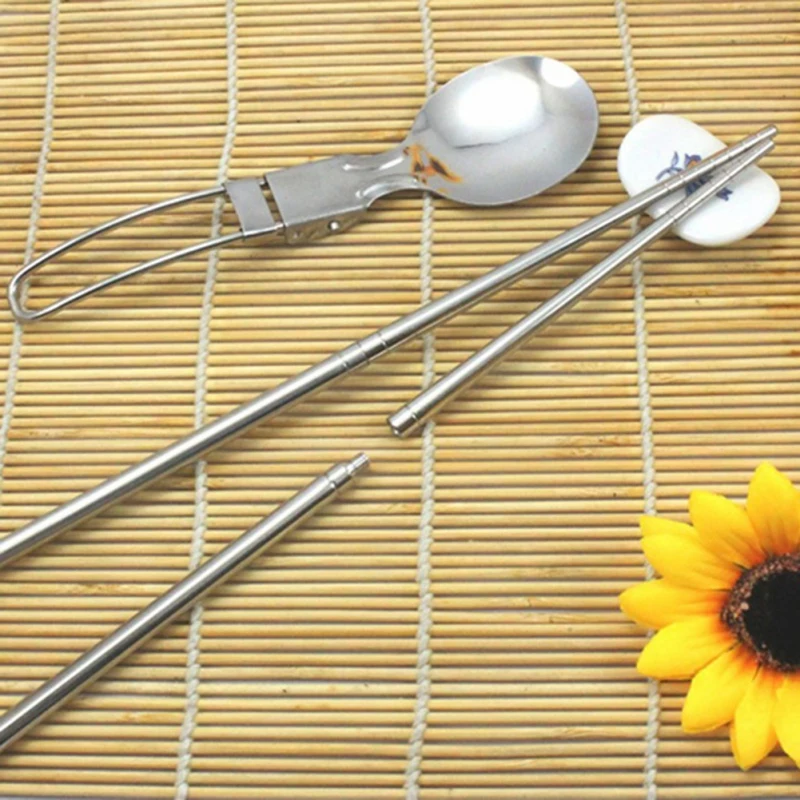 Dinnerware Bowls Spoons Chopsticks Tableware Set Folable Cutlery Set With Storage Bag Stainless Steel Camping Picnic