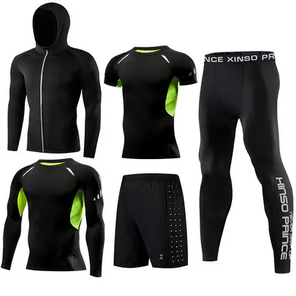 Fitness suit men's basketball tights training suit running gym fast dry spring and autumn five-piece set - Цвет: Синий