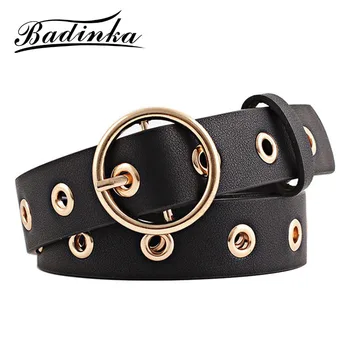 

Badinka 2020 New Ladies Round Gold Metal Buckle Belt Female Punk Leather Waist Band Strap Belts for Women Pants Jeans Wholesale